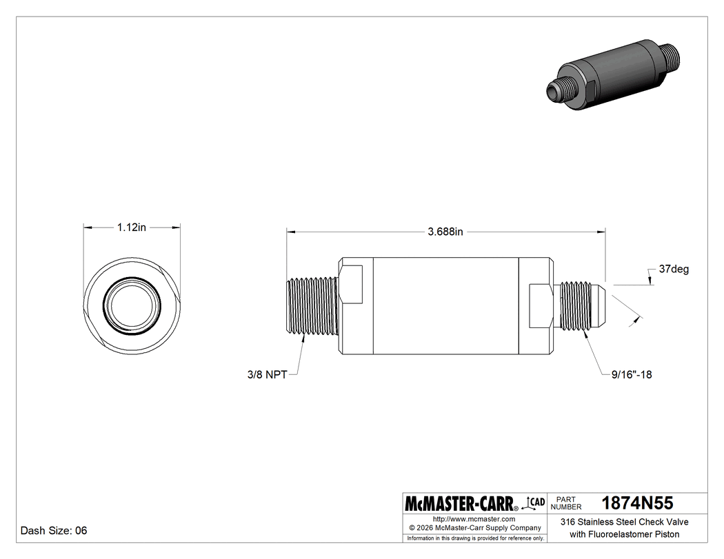 Technical Drawing of 316 Stainless Steel Check Valve with Fluoroelastomer Piston, Spring-Loaded, 3/8 NPT Male x 9/16"-18 UN/UNF (JIC.